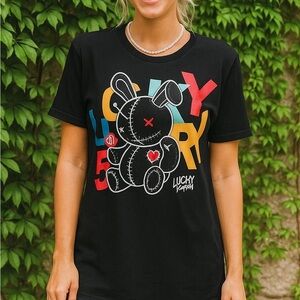LUCKY CHARM Embellished Black Tee, S